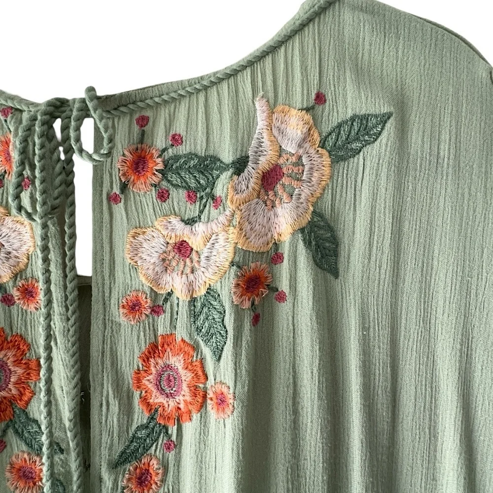 FREE PEOPLE SPELL ON YOU EMBROIDERED DRESS EARTH SAGE TASSEL TIES LINED | LARGE